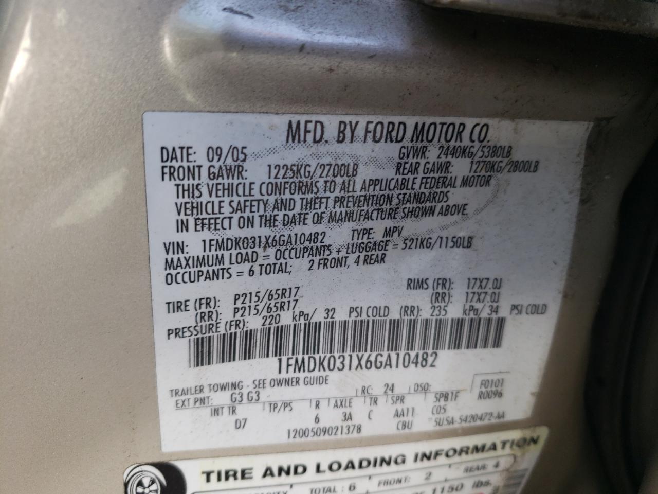 Photo 10 from auction – 2006 FORD FREESTYLE with VIN 1FMDK031X6GA10482