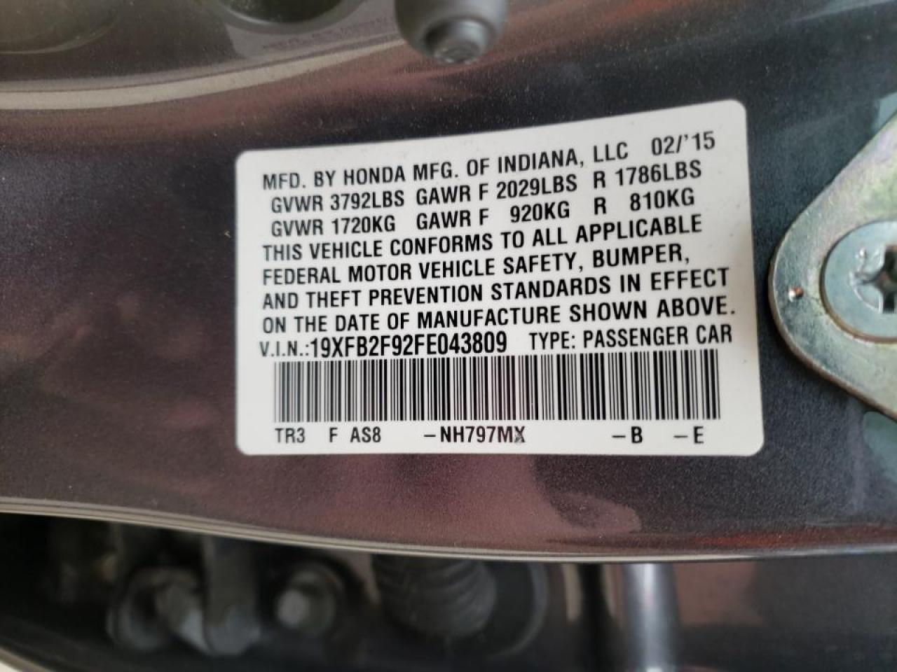 Photo 10 from auction – 2015 HONDA CIVIC EXL with VIN 19XFB2F92FE043809
