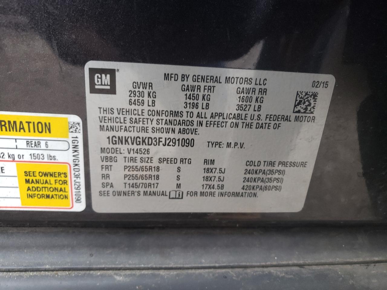 Photo 10 from auction – 2015 CHEVROLET TRAVERSE with VIN 1GNKVGKD3FJ291090