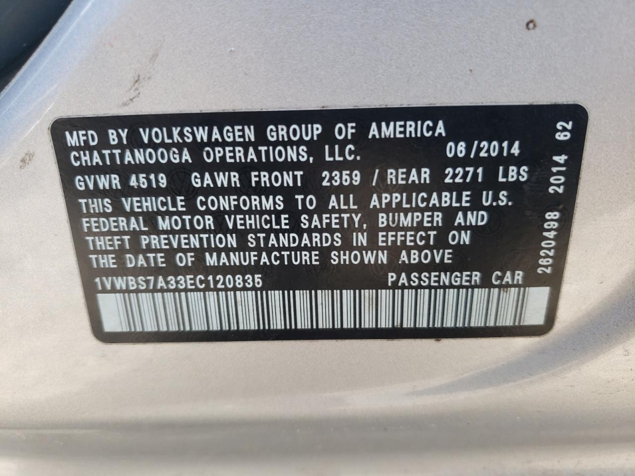 Photo 10 from auction – 2014 VOLKSWAGEN PASSAT SE with VIN 1VWBS7A33EC120835