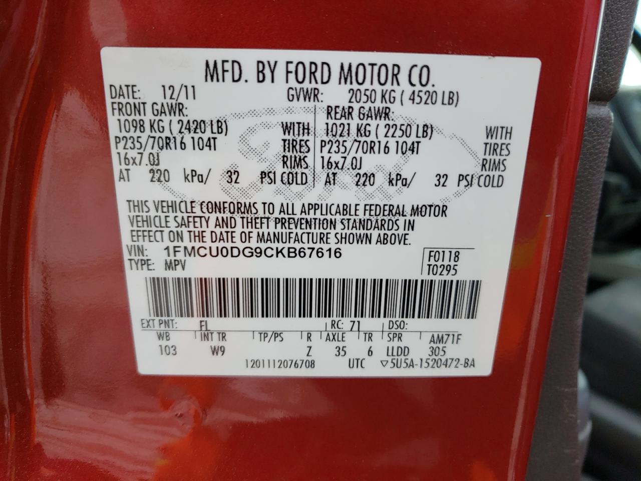 Zdjęcie 10 z aukcji – 2012 FORD ESCAPE XLT z VIN 1FMCU0DG9CKB67616