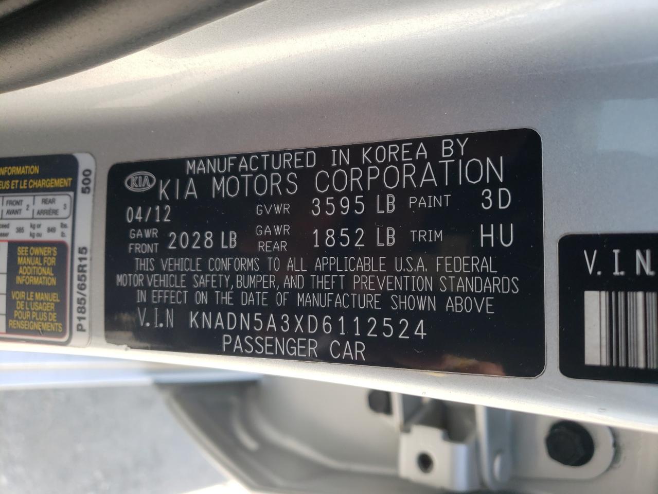 Photo 10 from auction – 2013 KIA RIO EX with VIN KNADN5A3XD6112524