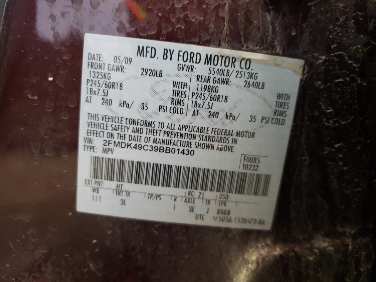 Photo 10 from auction – 2009 FORD EDGE LIMIT with VIN 2FMDK49C39BB01430