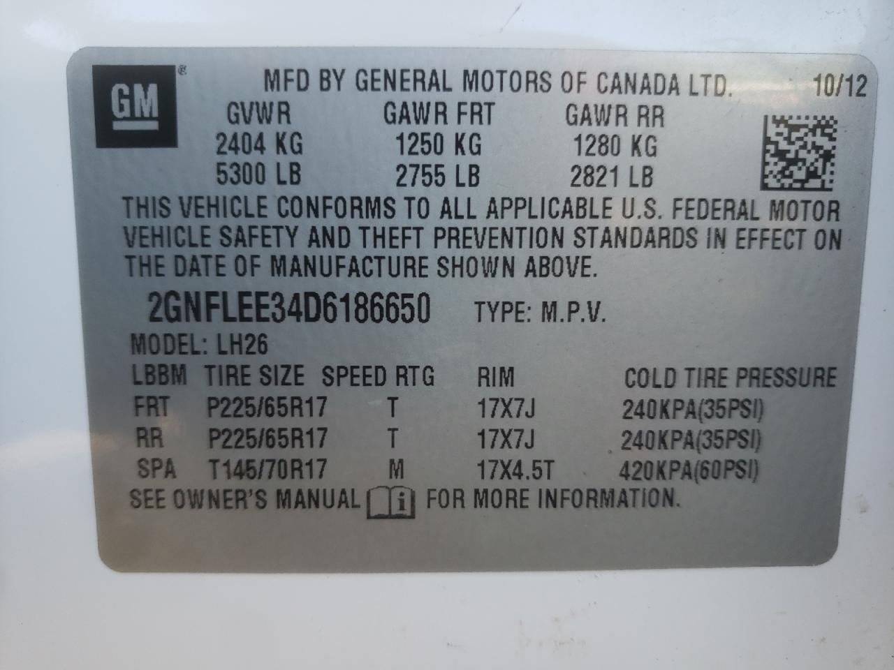 Photo 10 from auction – 2013 CHEVROLET EQUINOX LT with VIN 2GNFLEE34D6186650