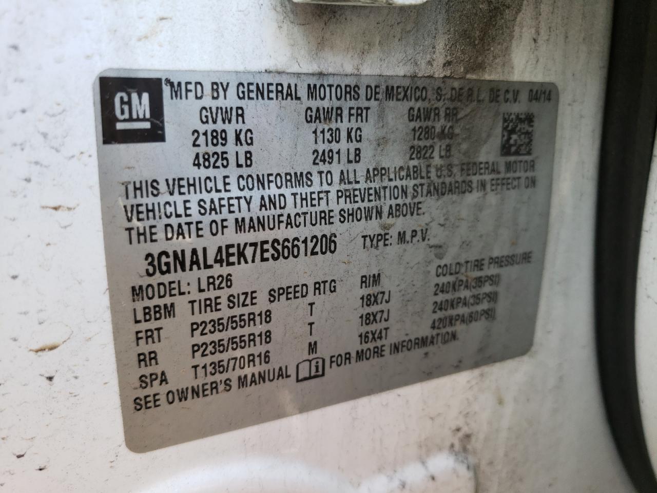 Photo 10 from auction – 2014 CHEVROLET CAPTIVA LT with VIN 3GNAL4EK7ES661206