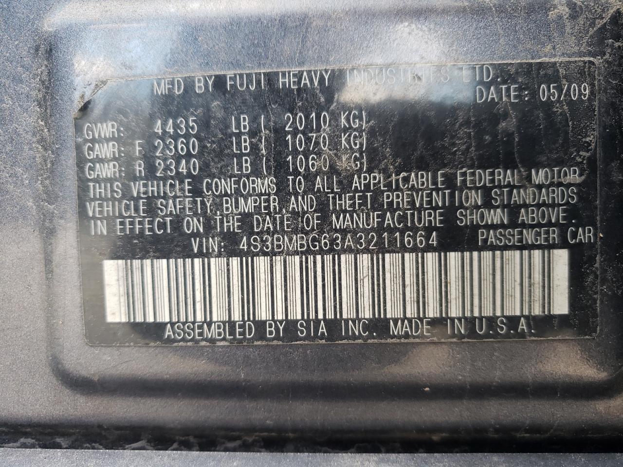 Photo 10 from auction – 2010 SUBARU LEGACY 2.5 with VIN 4S3BMBG63A3211664