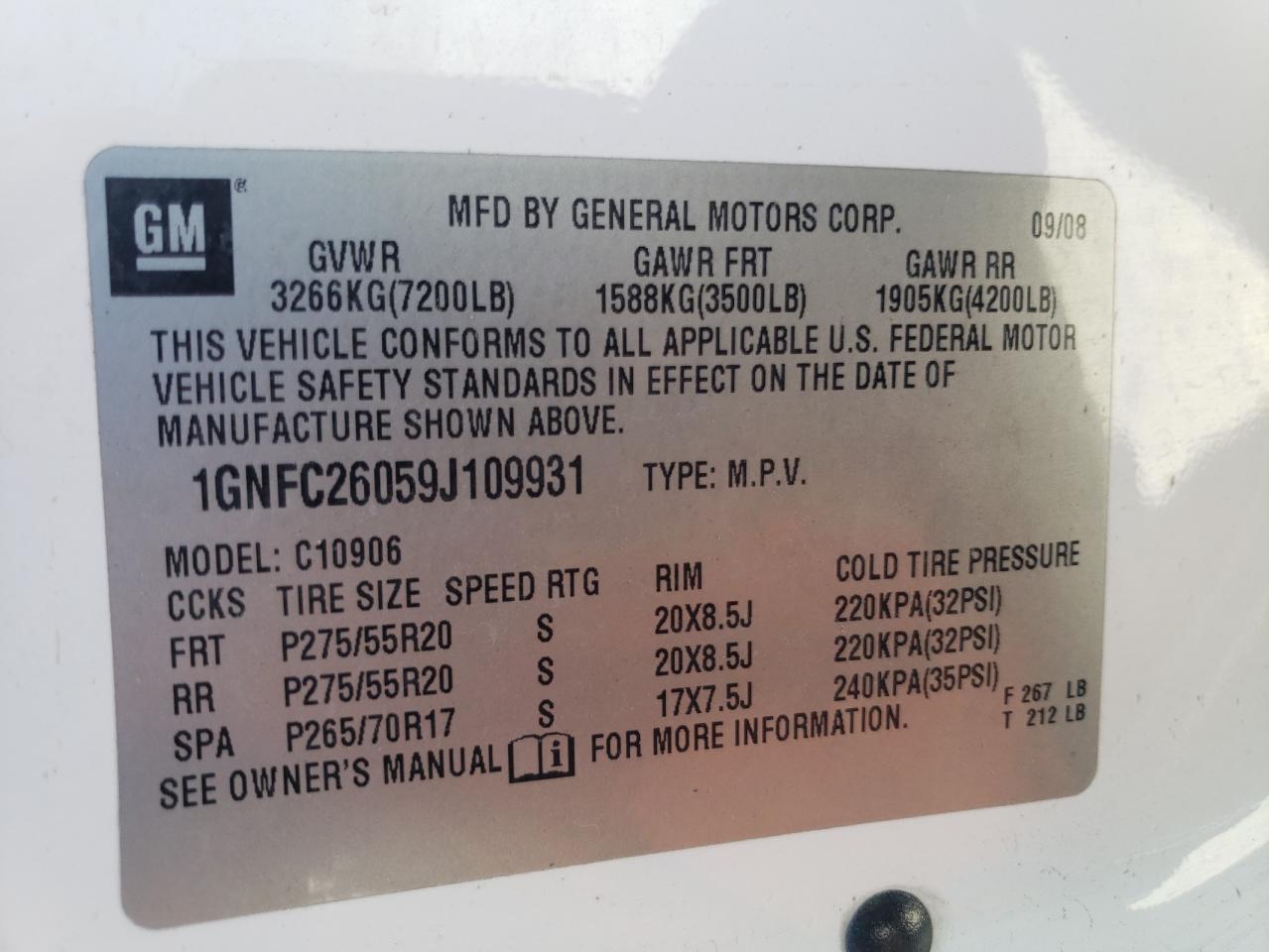 Photo 10 from auction – 2009 CHEVROLET SUBURBAN C with VIN 1GNFC26059J109931