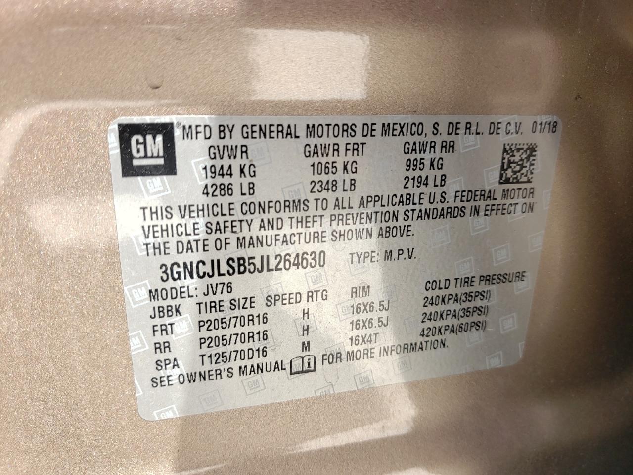 Photo 10 from auction – 2018 CHEVROLET TRAX 1LT with VIN 3GNCJLSB5JL264630