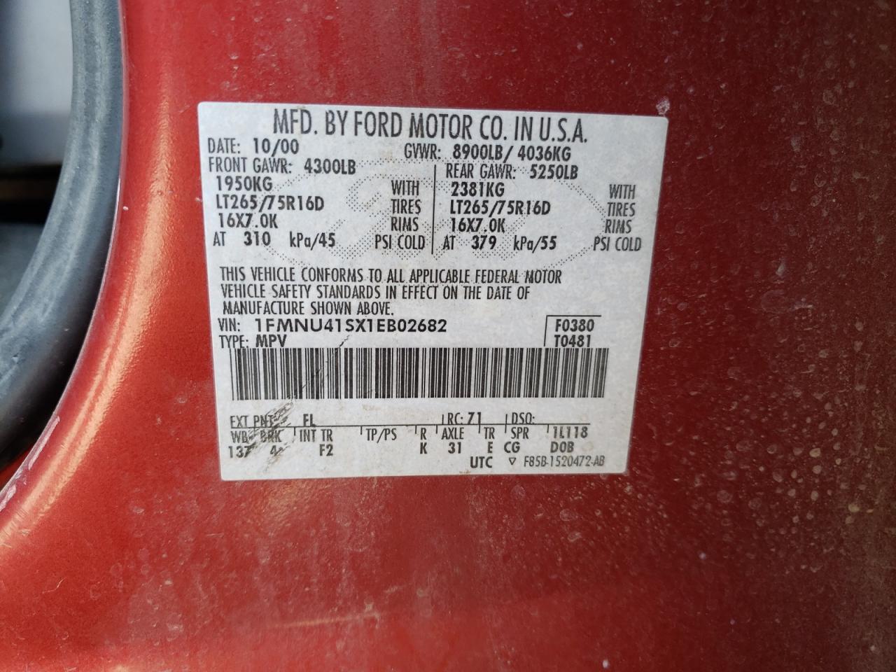 Photo 10 from auction – 2001 FORD EXCURSION with VIN 1FMNU41SX1EB02682