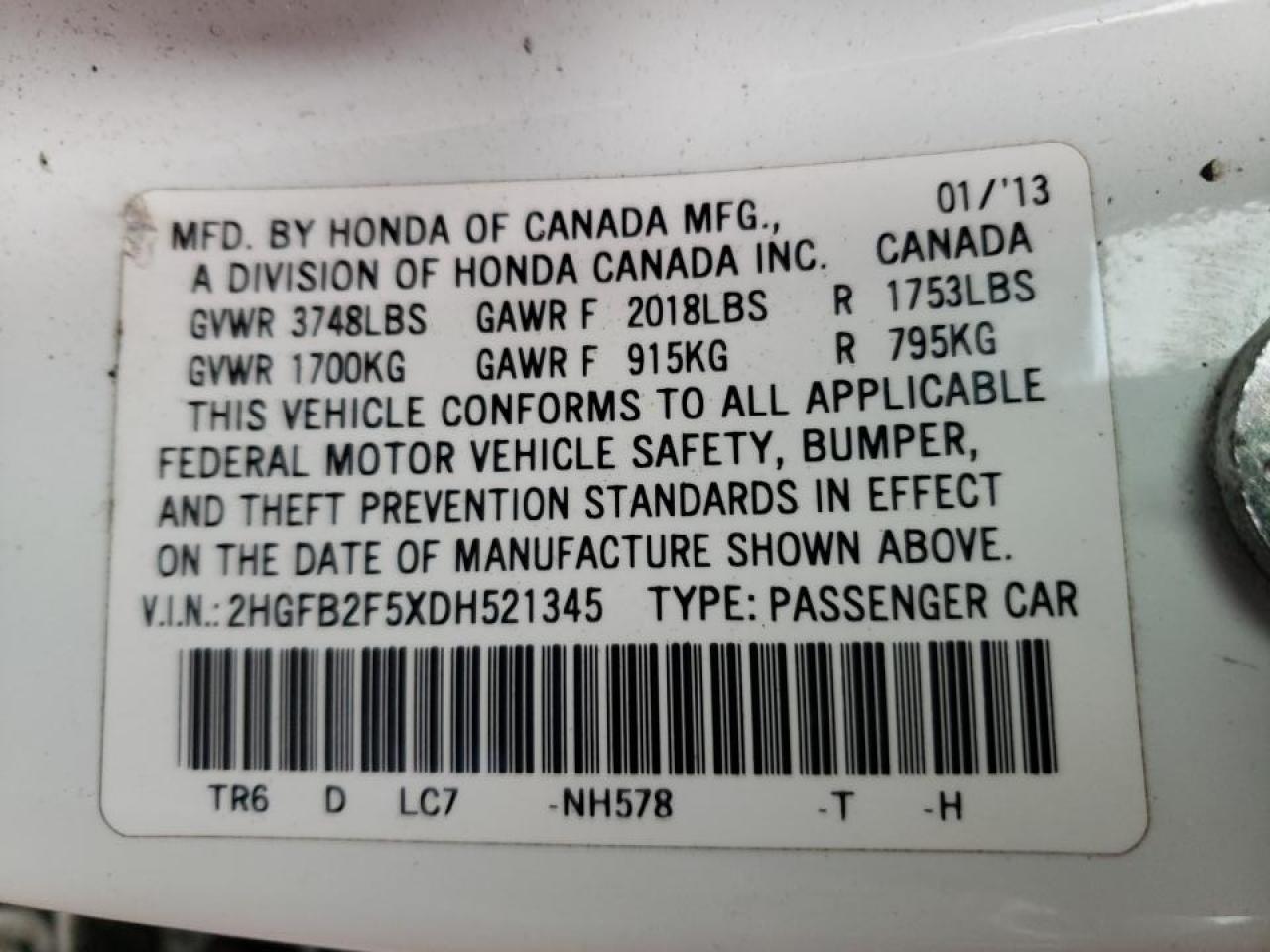 Photo 10 from auction – 2013 HONDA CIVIC LX with VIN 2HGFB2F5XDH521345