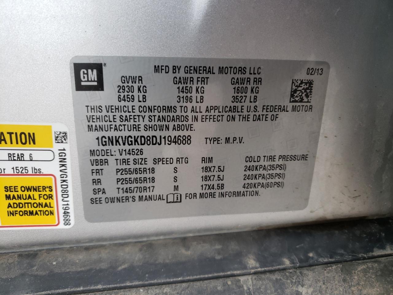 Photo 10 from auction – 2013 CHEVROLET TRAVERSE L with VIN 1GNKVGKD8DJ194688