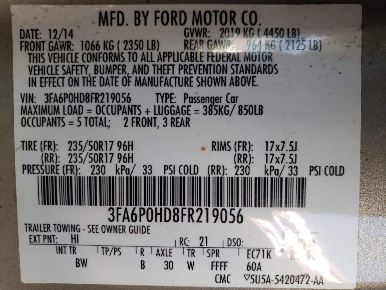 Photo 10 from auction – 2015 FORD FUSION SE with VIN 3FA6P0HD8FR219056
