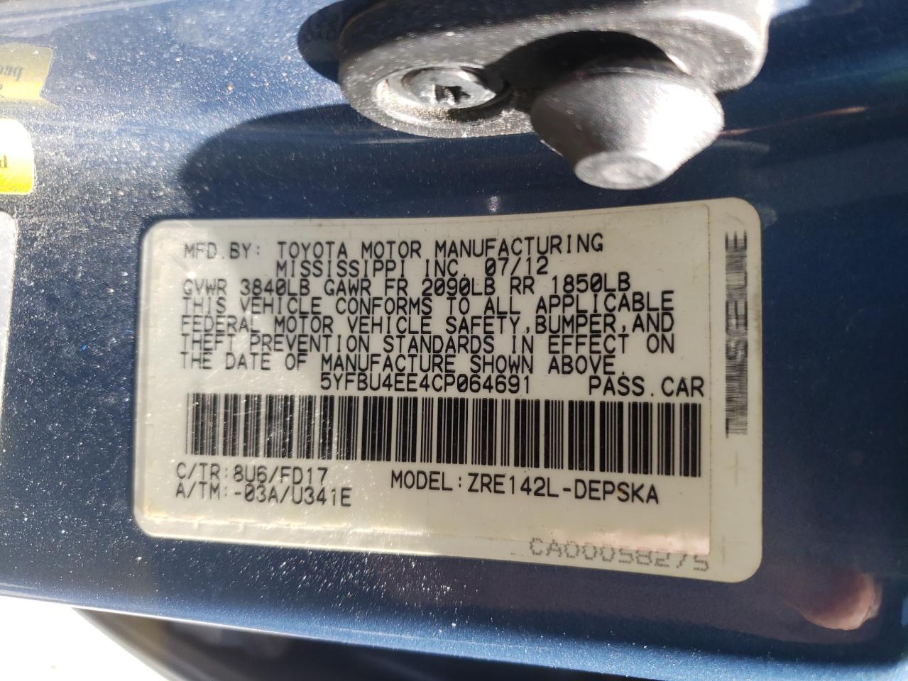 Photo 10 from auction – 2012 TOYOTA COROLLA BA with VIN 5YFBU4EE4CP064691