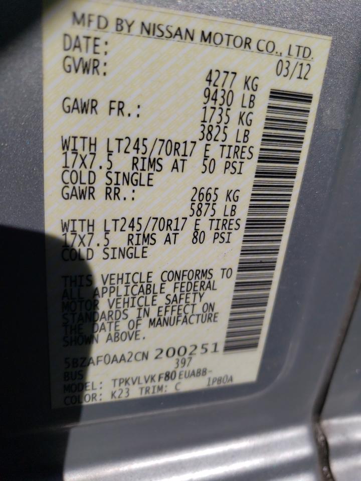 Photo 10 from auction – 2012 NISSAN NV 3500 S with VIN 5BZAF0AA2CN200251