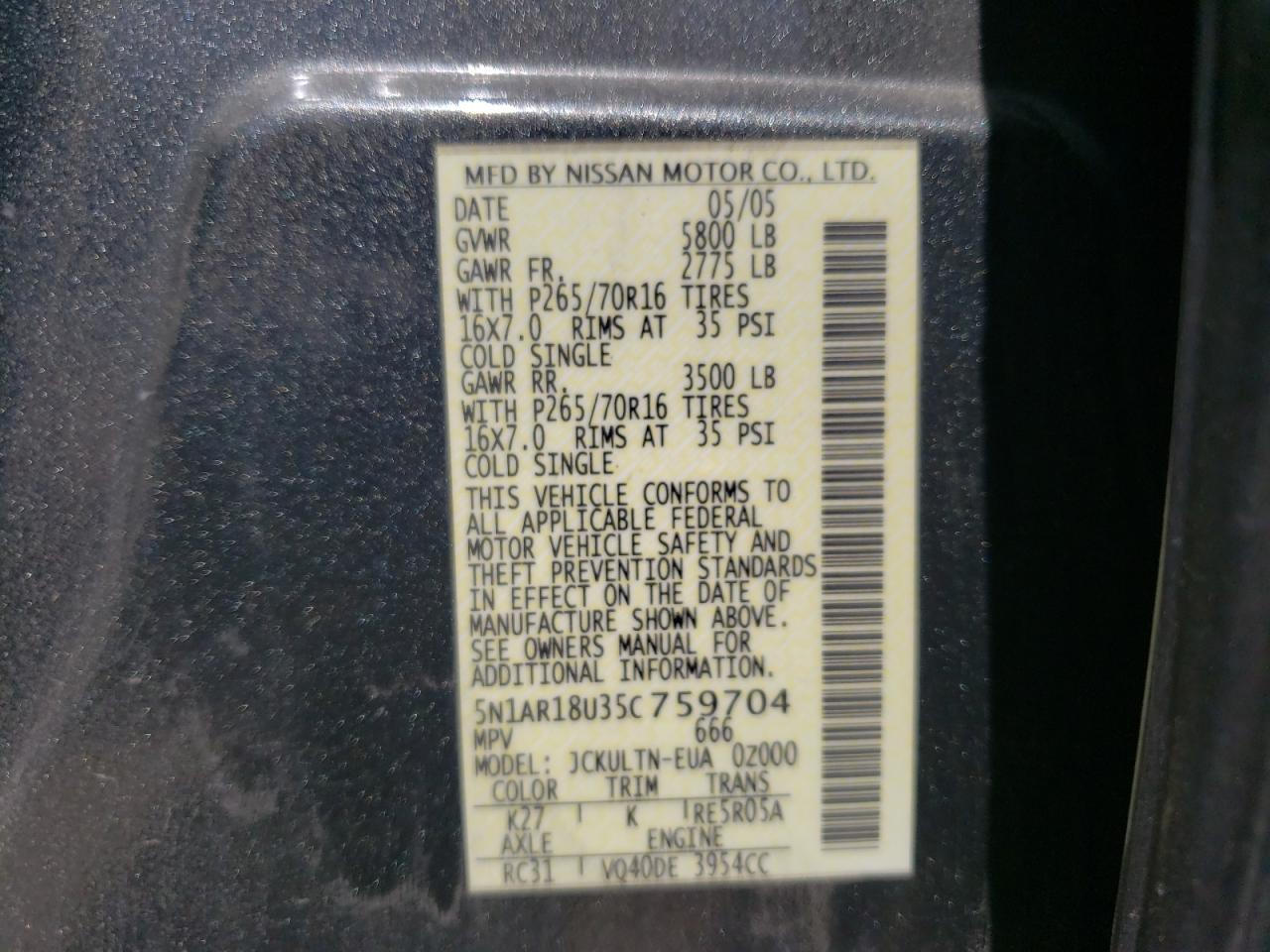 Photo 10 from auction – 2005 NISSAN PATHFINDER with VIN 5N1AR18U35C759704