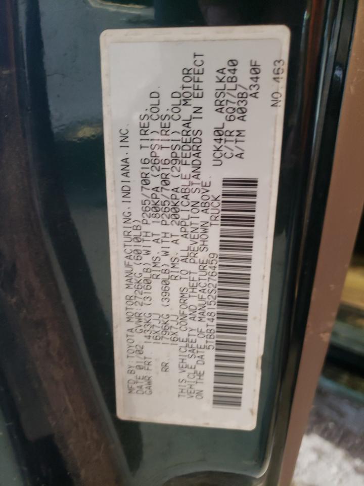 Photo 10 from auction – 2002 TOYOTA TUNDRA ACC with VIN 5TBBT48152S276459