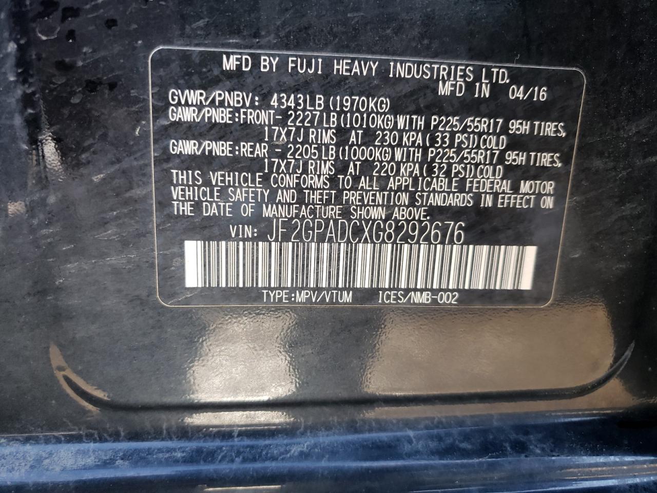 Photo 10 from auction – 2016 SUBARU CROSSTREK with VIN JF2GPADCXG8292676