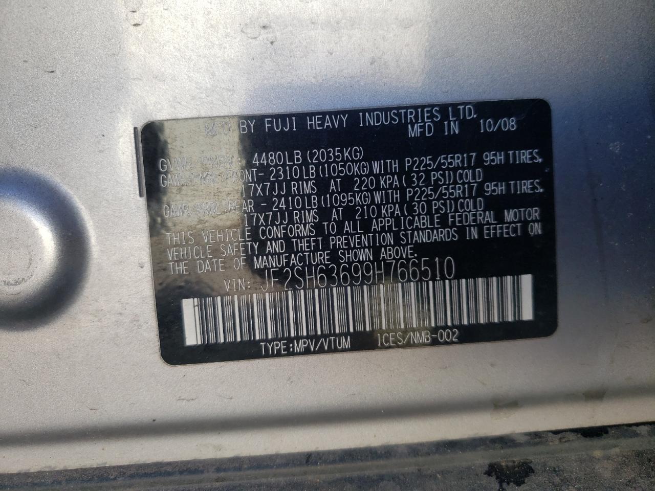Photo 10 from auction – 2009 SUBARU FORESTER 2 with VIN JF2SH63699H766510