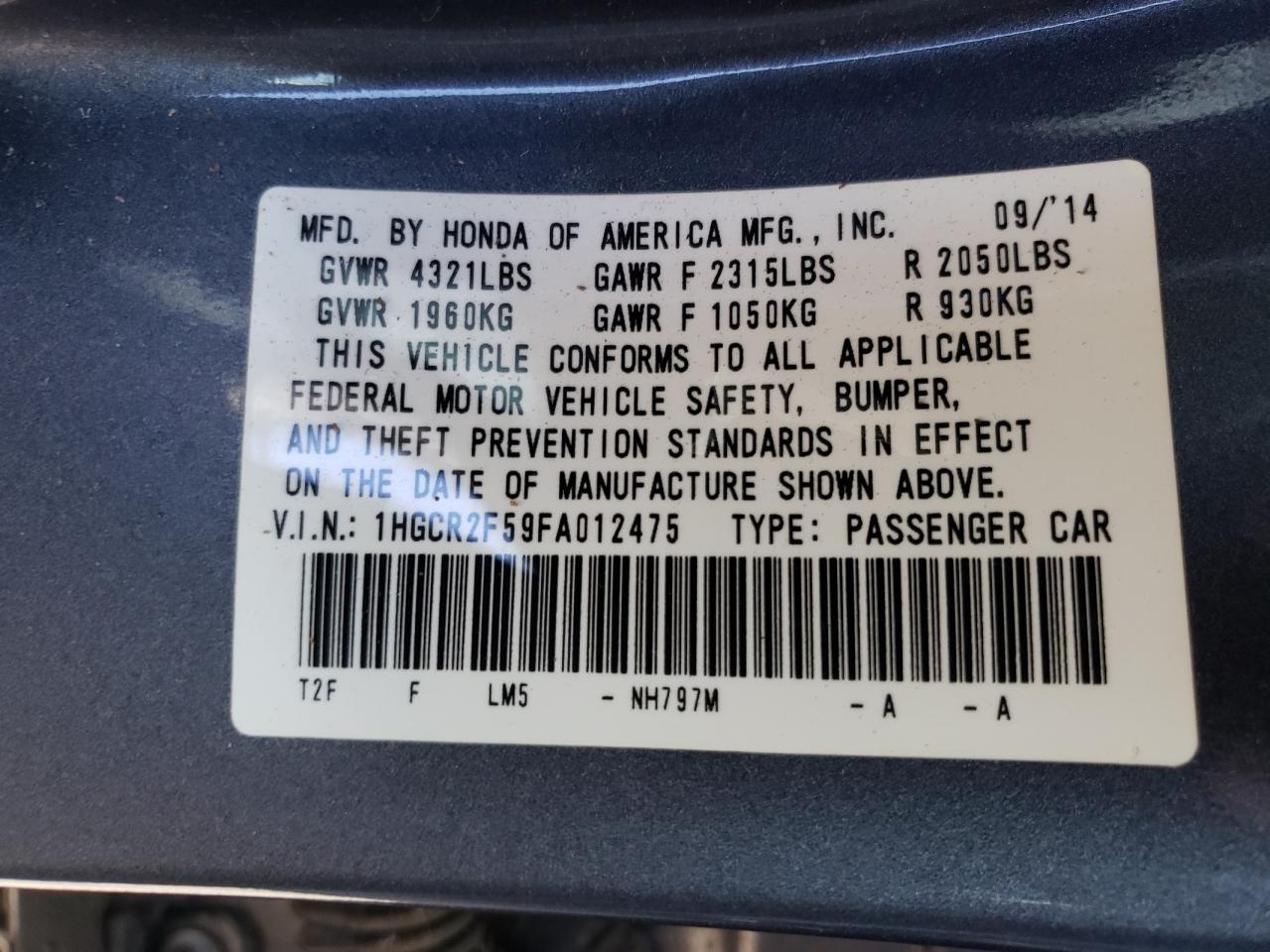 Photo 10 from auction – 2015 HONDA ACCORD SPO with VIN 1HGCR2F59FA012475