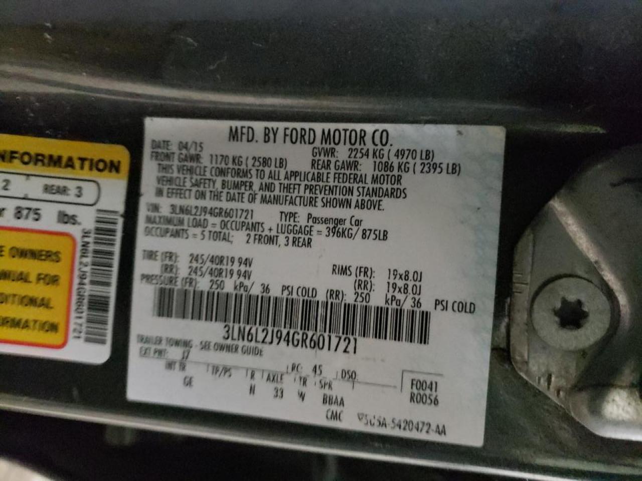 Photo 10 from auction – 2016 LINCOLN MKZ with VIN 3LN6L2J94GR601721