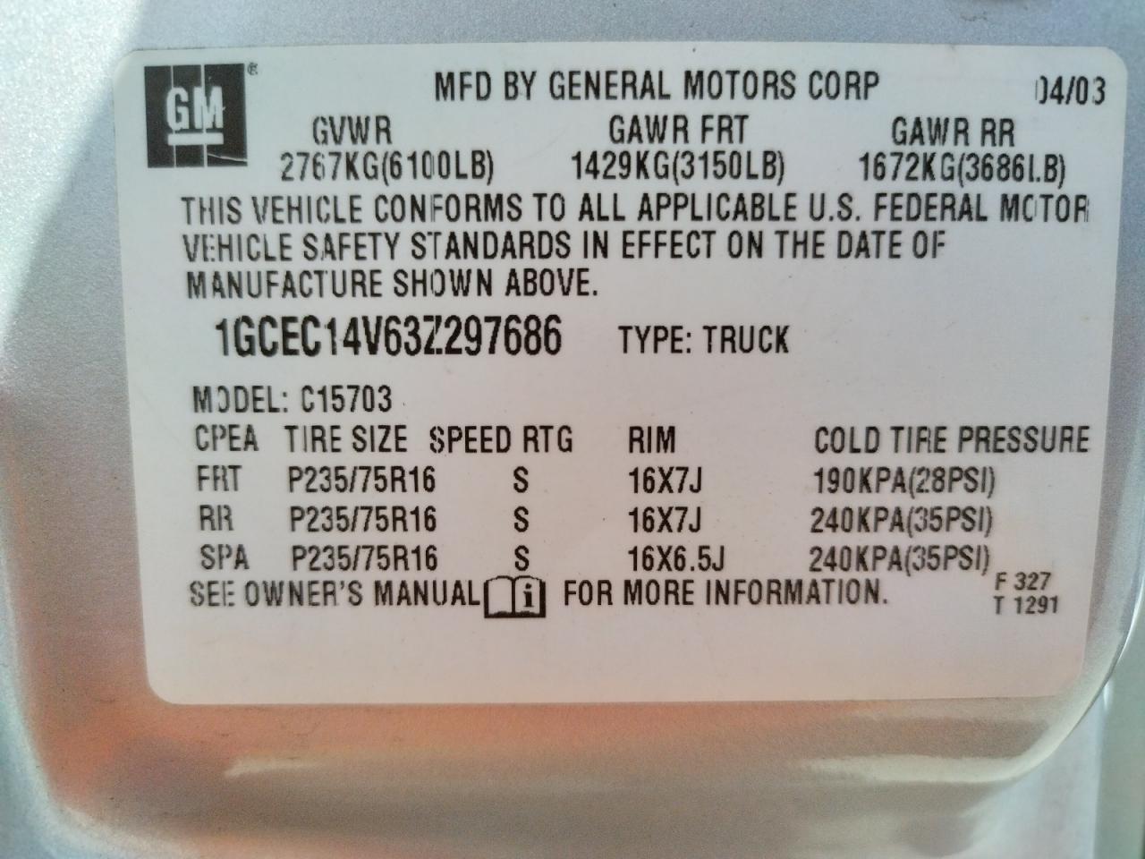 Photo 10 from auction – 2003 CHEVROLET SILVERADO with VIN 1GCEC14V63Z297686
