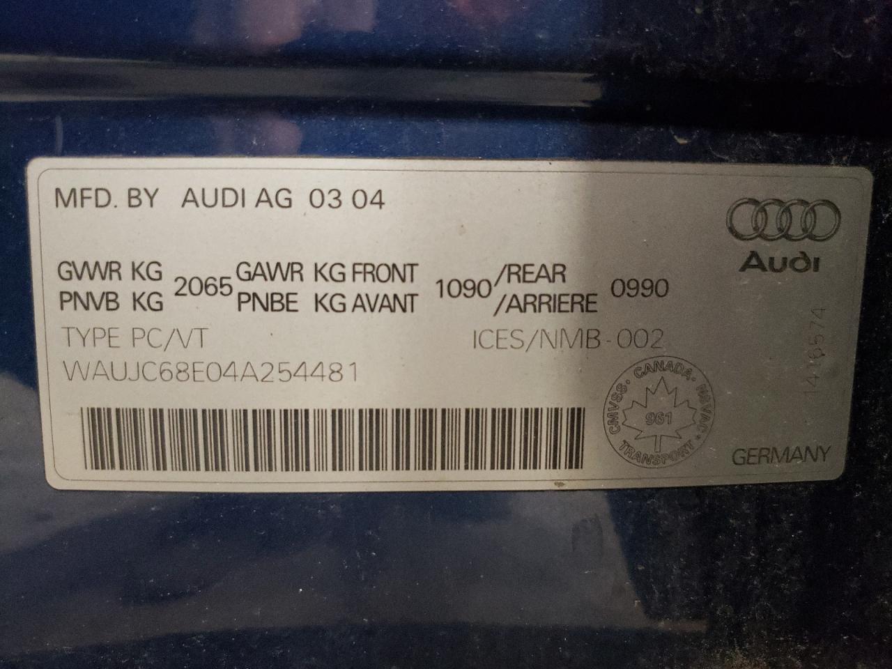 Photo 10 from auction – 2004 AUDI A4 1.8T with VIN WAUJC68E04A254481