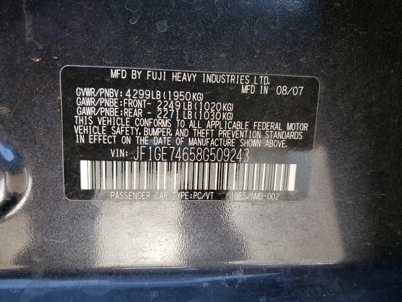 Photo 10 from auction – 2008 SUBARU IMPREZA WR with VIN JF1GE74658G509243