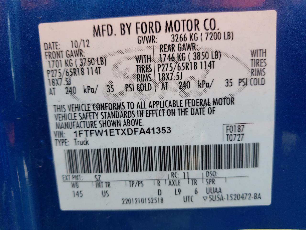 Photo 10 from auction – 2013 FORD F150 SUPER with VIN 1FTFW1ETXDFA41353