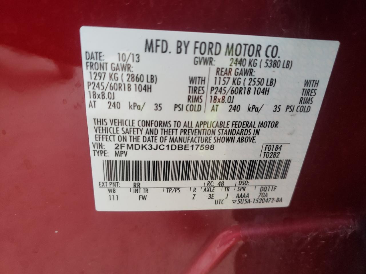 Photo 10 from auction – 2013 FORD EDGE SEL with VIN 2FMDK3JC1DBE17598