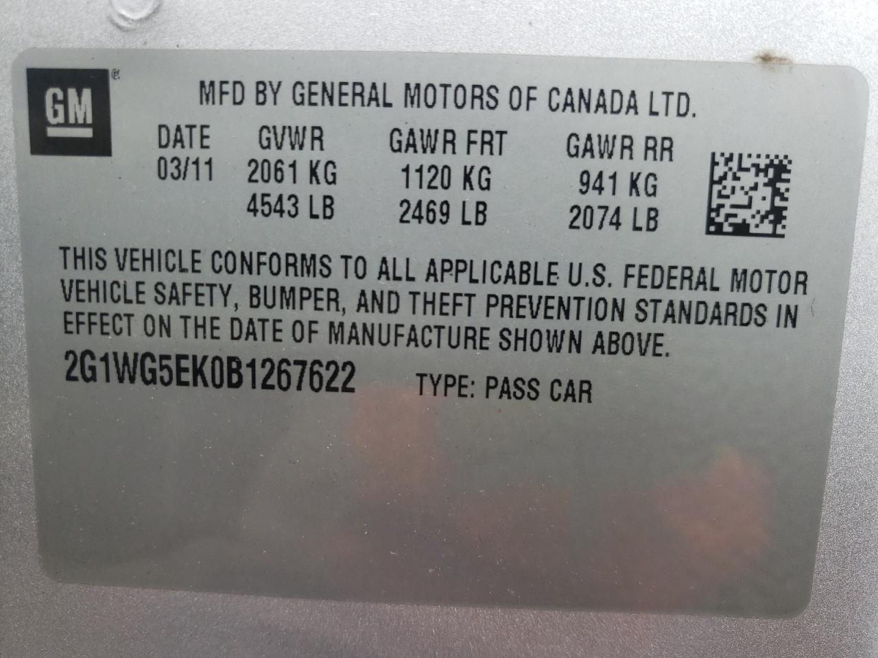 Photo 10 from auction – 2011 CHEVROLET IMPALA LT with VIN 2G1WG5EK0B1267622