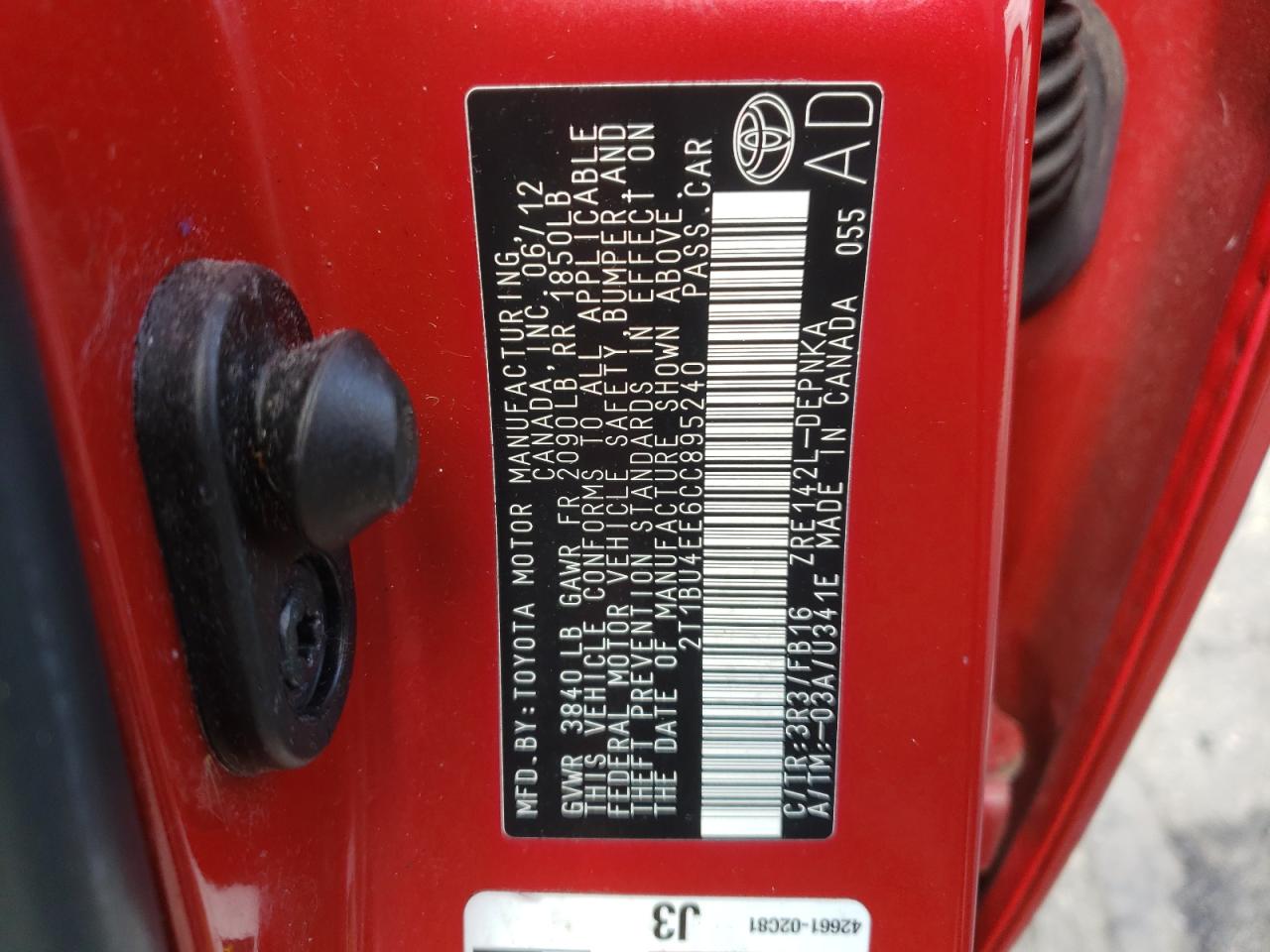 Photo 10 from auction – 2012 TOYOTA COROLLA BA with VIN 2T1BU4EE6CC895240