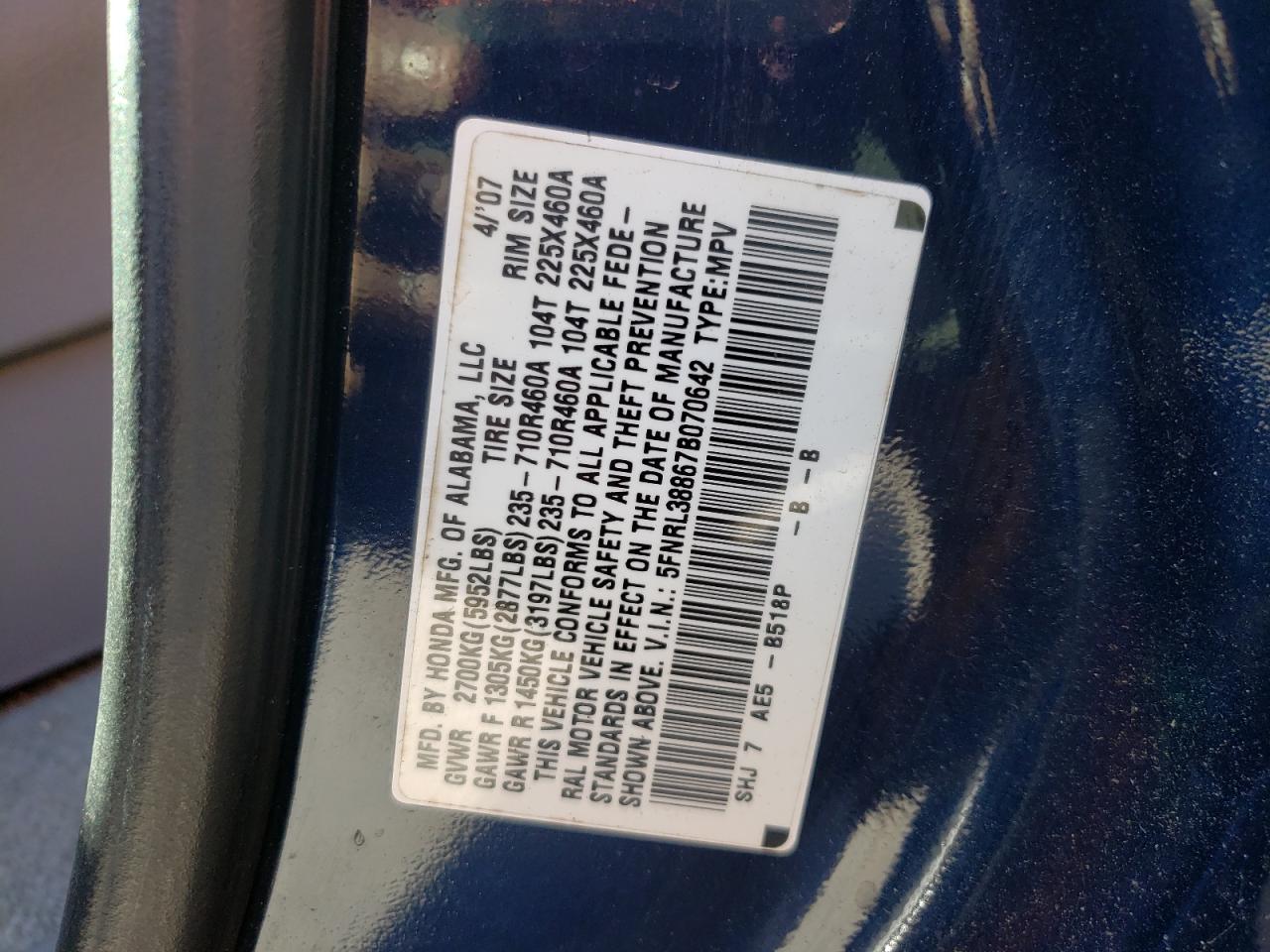Photo 10 from auction – 2007 HONDA ODYSSEY TO with VIN 5FNRL38867B070642