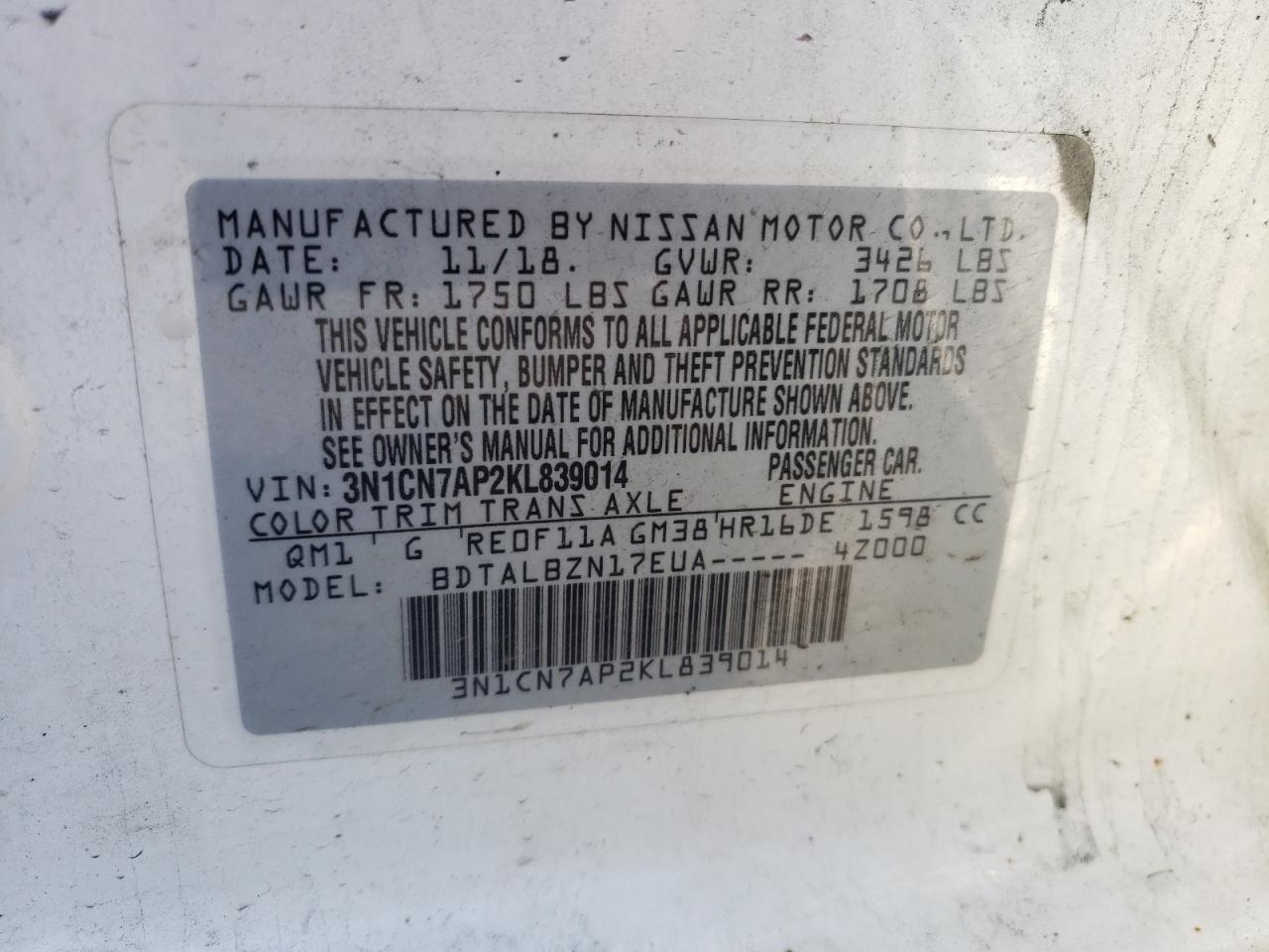 Photo 10 from auction – 2019 NISSAN VERSA S with VIN 3N1CN7AP2KL839014
