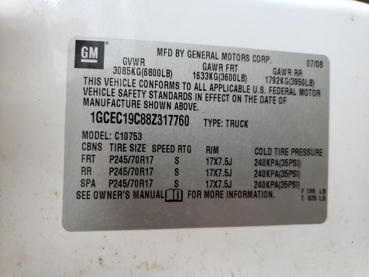Photo 10 from auction – 2008 CHEVROLET SILVERADO with VIN 1GCEC19C88Z317760
