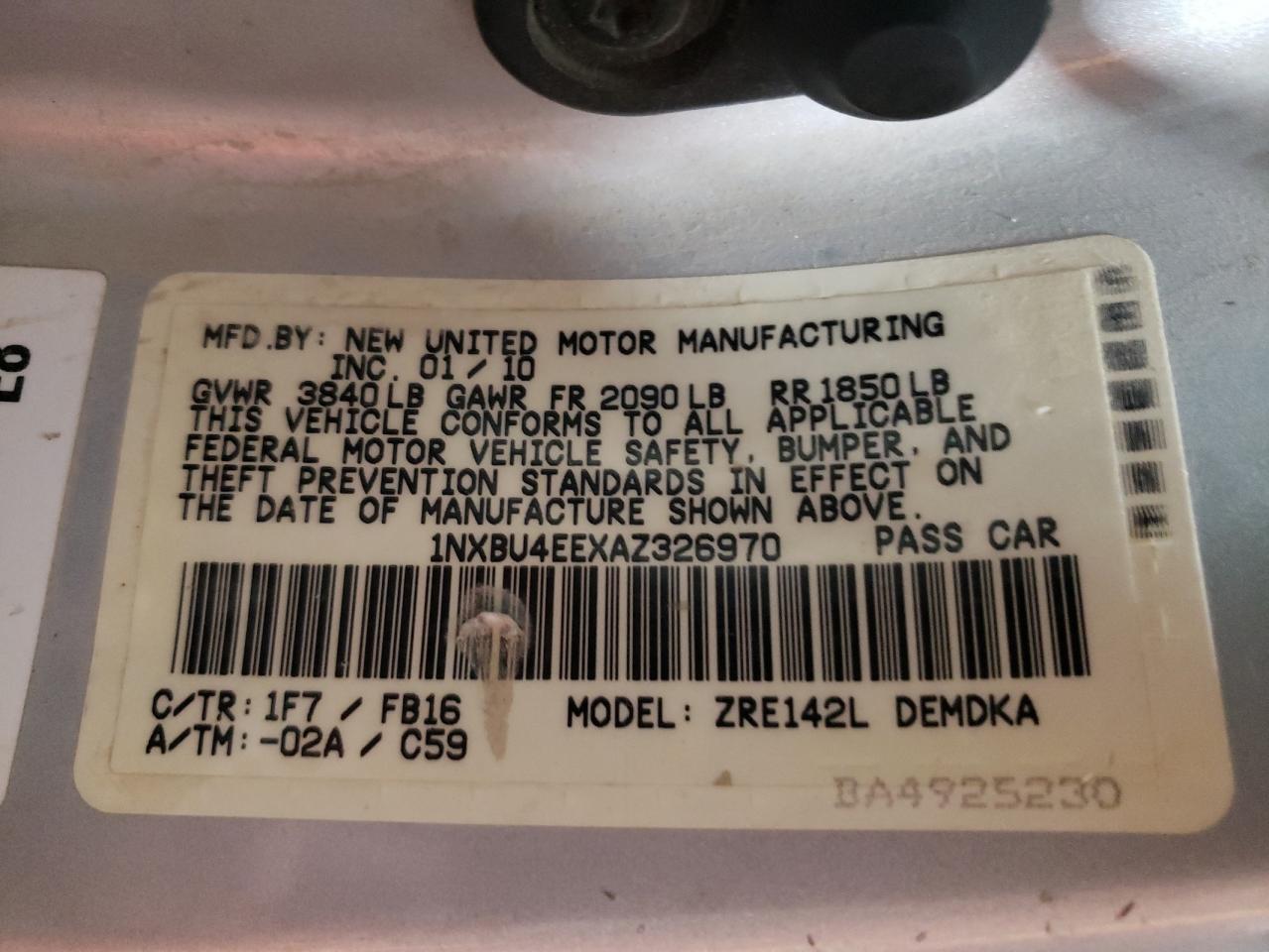 Photo 10 from auction – 2010 TOYOTA COROLLA BA with VIN 1NXBU4EEXAZ326970