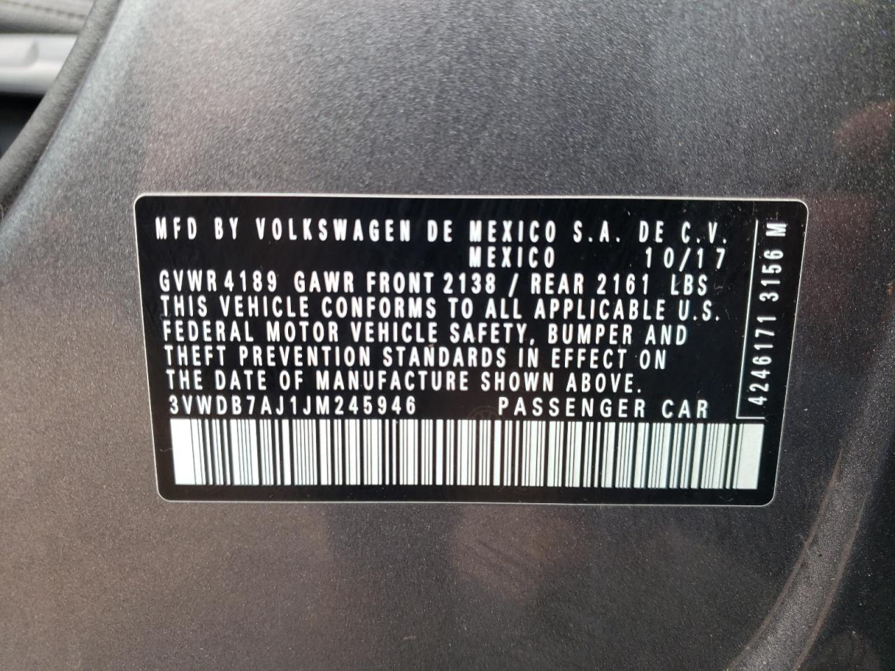 Photo 10 from auction – 2018 VOLKSWAGEN JETTA SE with VIN 3VWDB7AJ1JM245946
