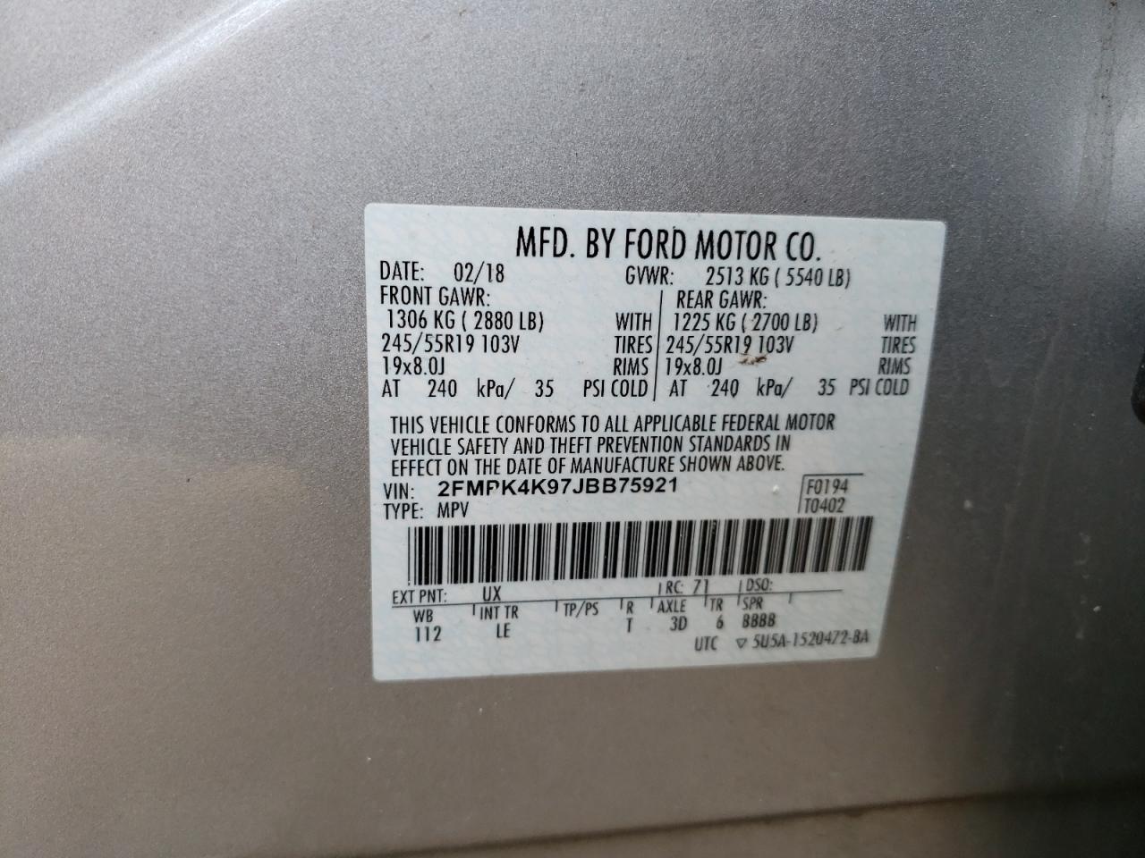 Photo 10 from auction – 2018 FORD EDGE TITAN with VIN 2FMPK4K97JBB75921