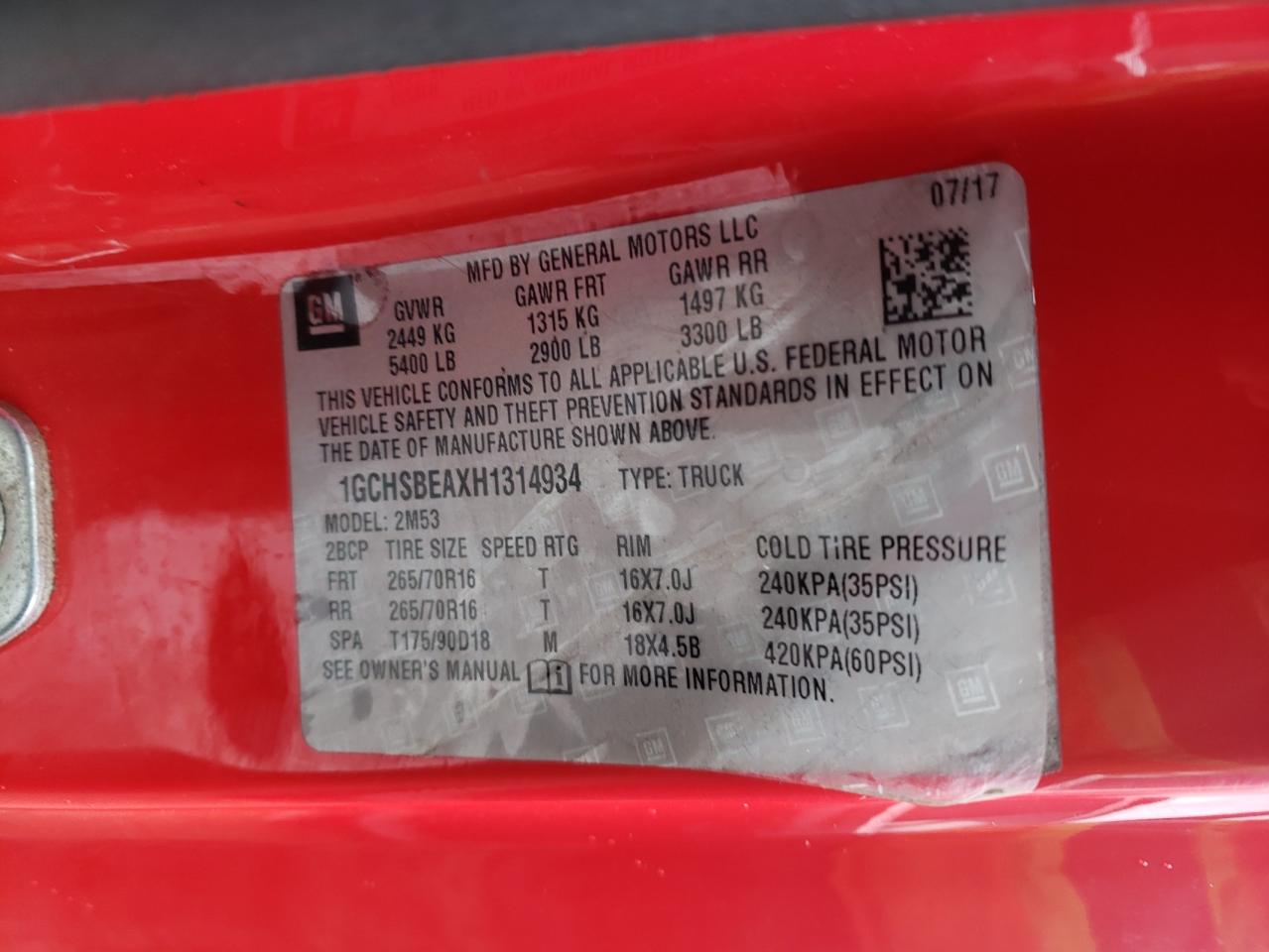Photo 10 from auction – 2017 CHEVROLET COLORADO with VIN 1GCHSBEAXH1314934