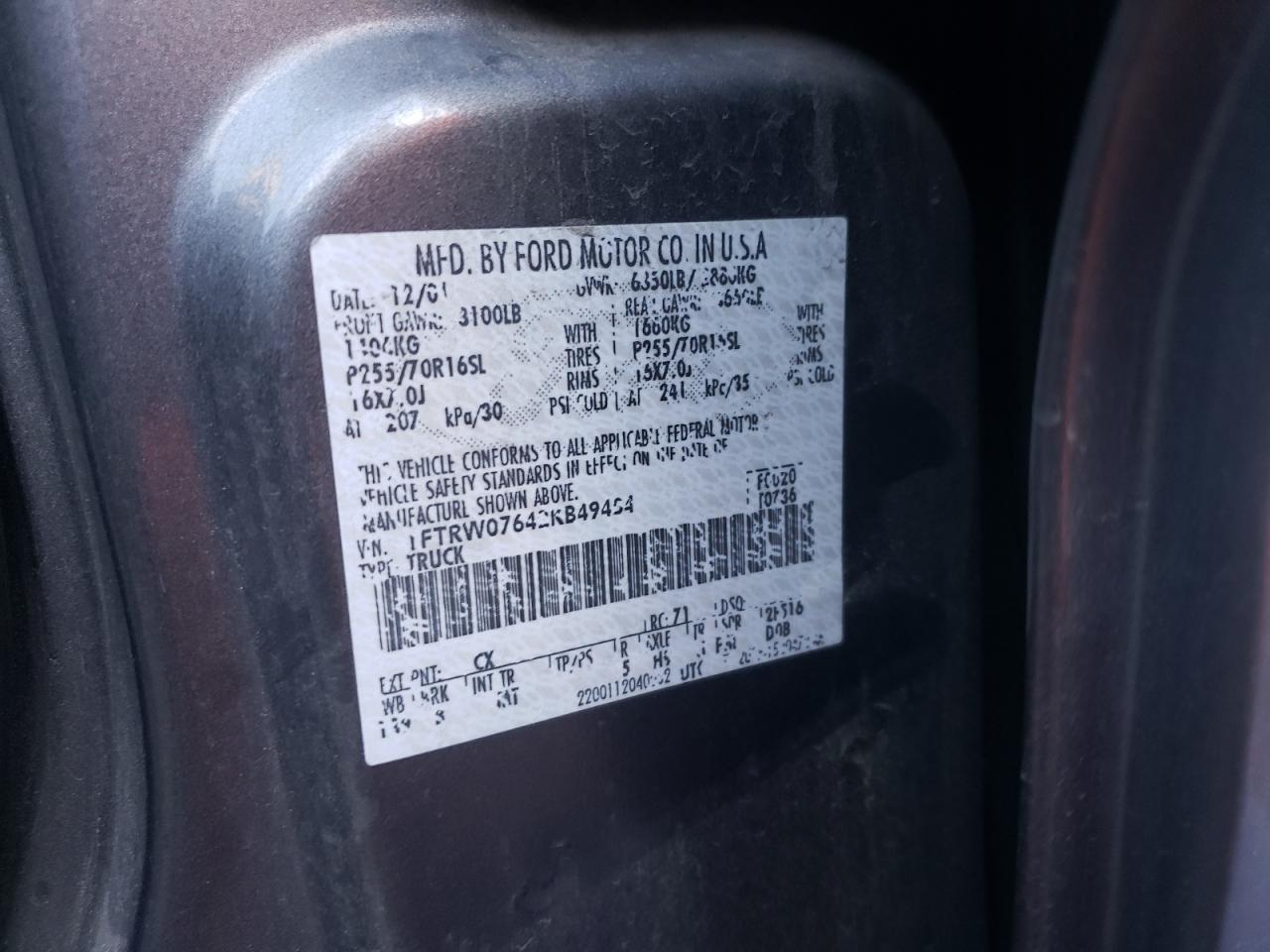 Photo 10 from auction – 2002 FORD F150 SUPER with VIN 1FTRW07642KB49454