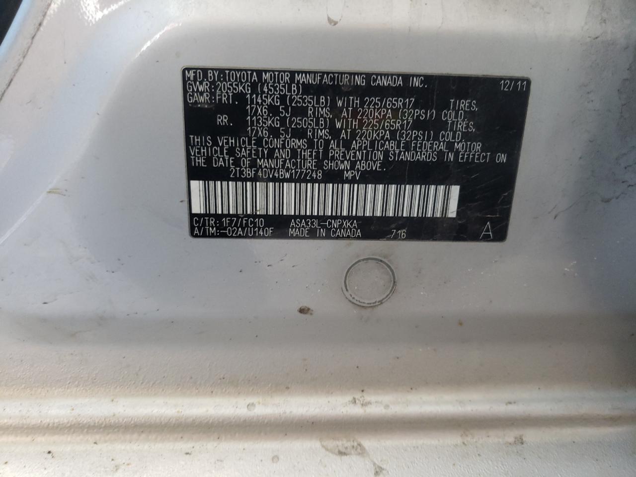 Photo 10 from auction – 2011 TOYOTA RAV4 with VIN 2T3BF4DV4BW177248