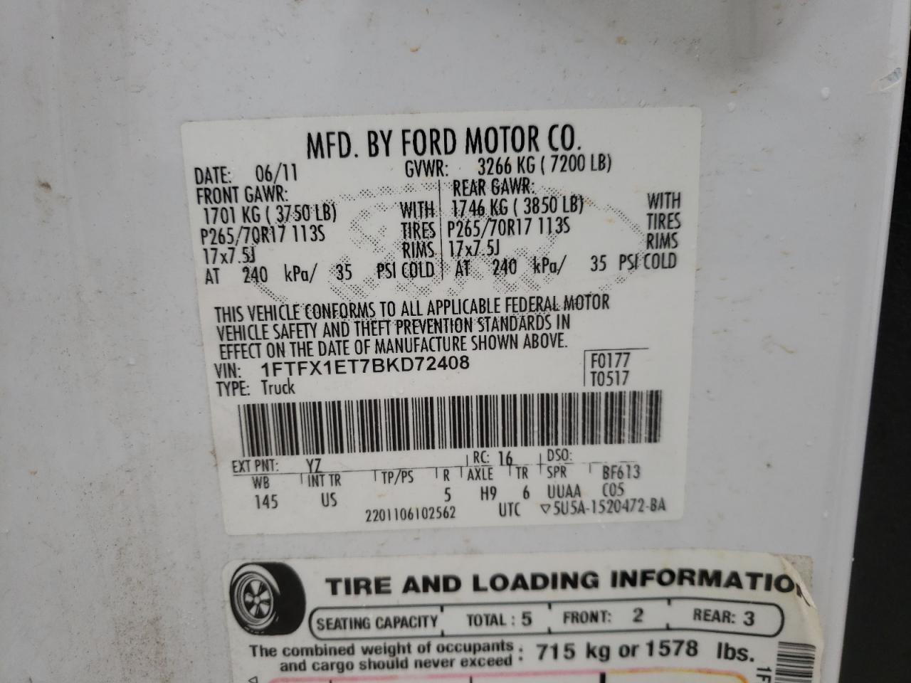 Photo 10 from auction – 2011 FORD F150 SUPER with VIN 1FTFX1ET7BKD72408