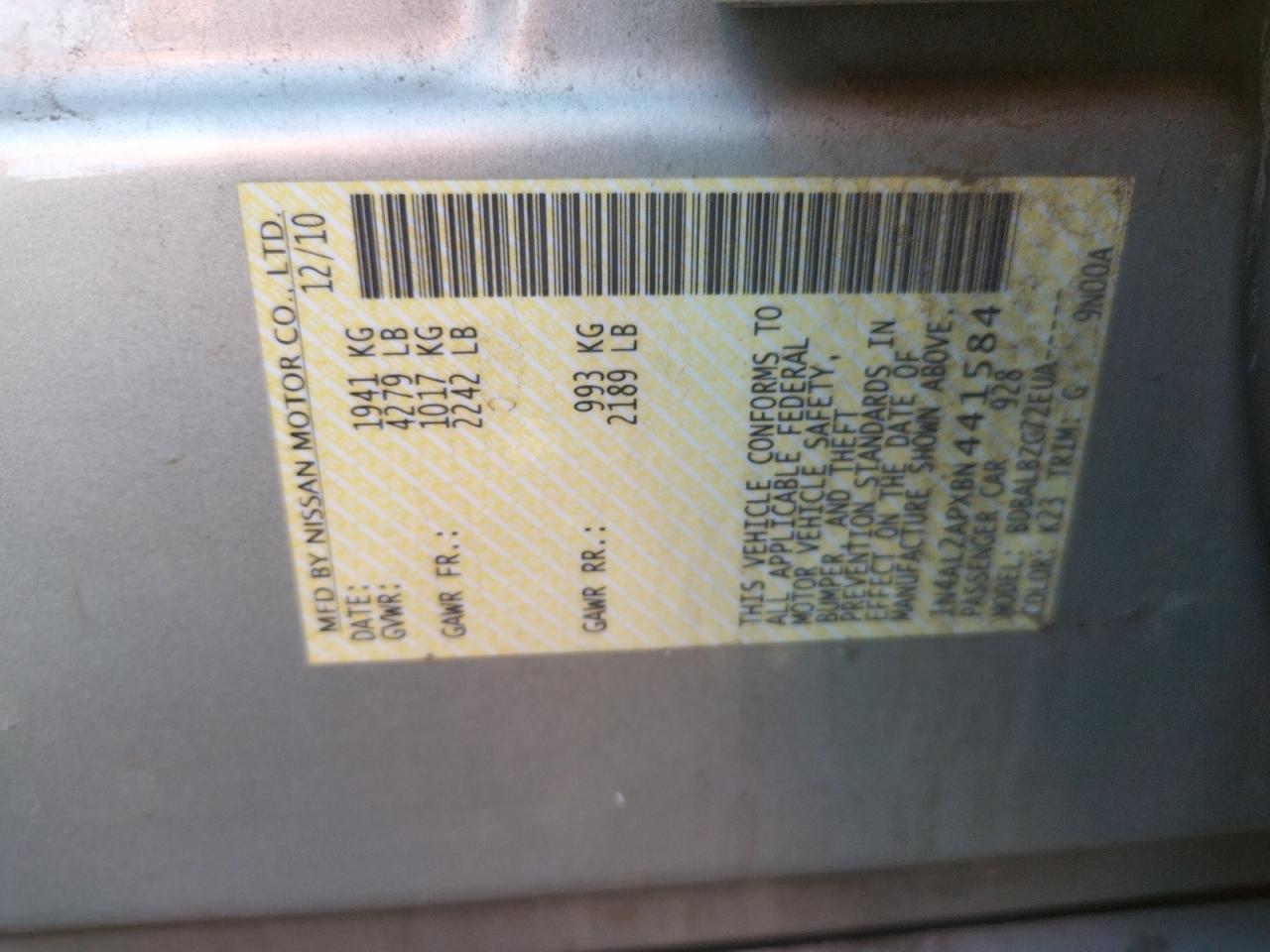 Photo 10 from auction – 2011 NISSAN ALTIMA BAS with VIN 1N4AL2APXBN441584