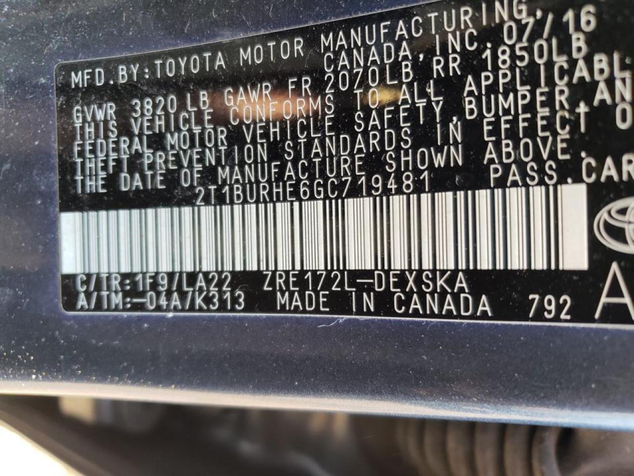 Photo 10 from auction – 2016 TOYOTA COROLLA L with VIN 2T1BURHE6GC719481