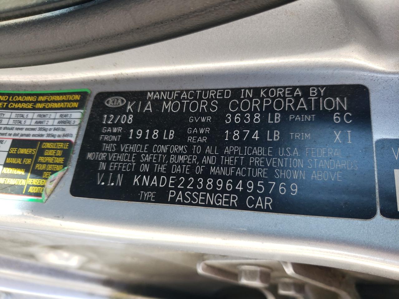 Photo 10 from auction – 2009 KIA RIO BASE with VIN KNADE223896495769
