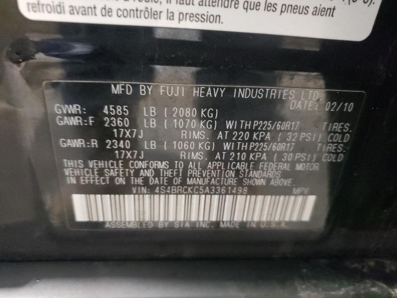 Photo 10 from auction – 2010 SUBARU OUTBACK 2. with VIN 4S4BRCKC5A3361498