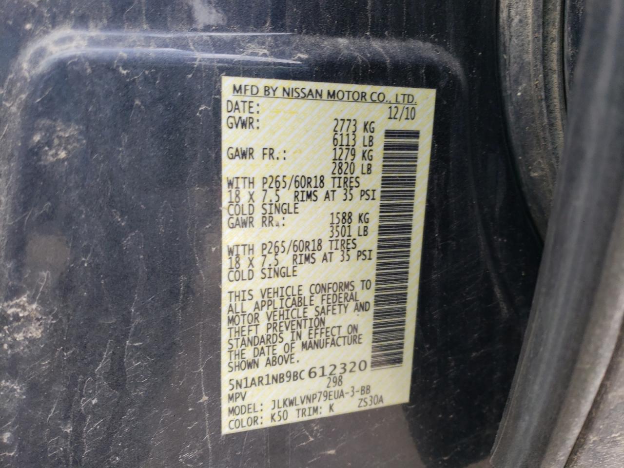 Photo 10 from auction – 2011 NISSAN PATHFINDER with VIN 5N1AR1NB9BC612320
