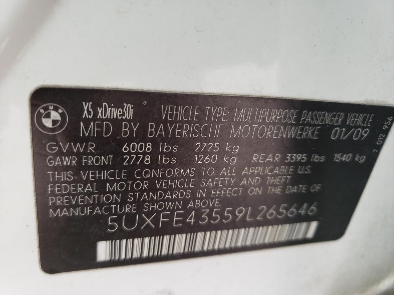 Photo 10 from auction – 2009 BMW X5 XDRIVE3 with VIN 5UXFE43559L265646