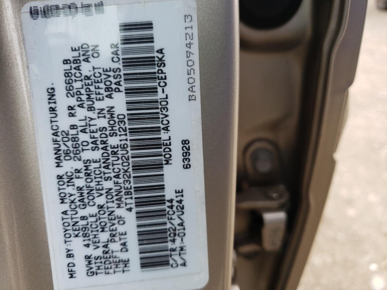Photo 10 from auction – 2002 TOYOTA CAMRY LE with VIN 4T1BE32K02U611230
