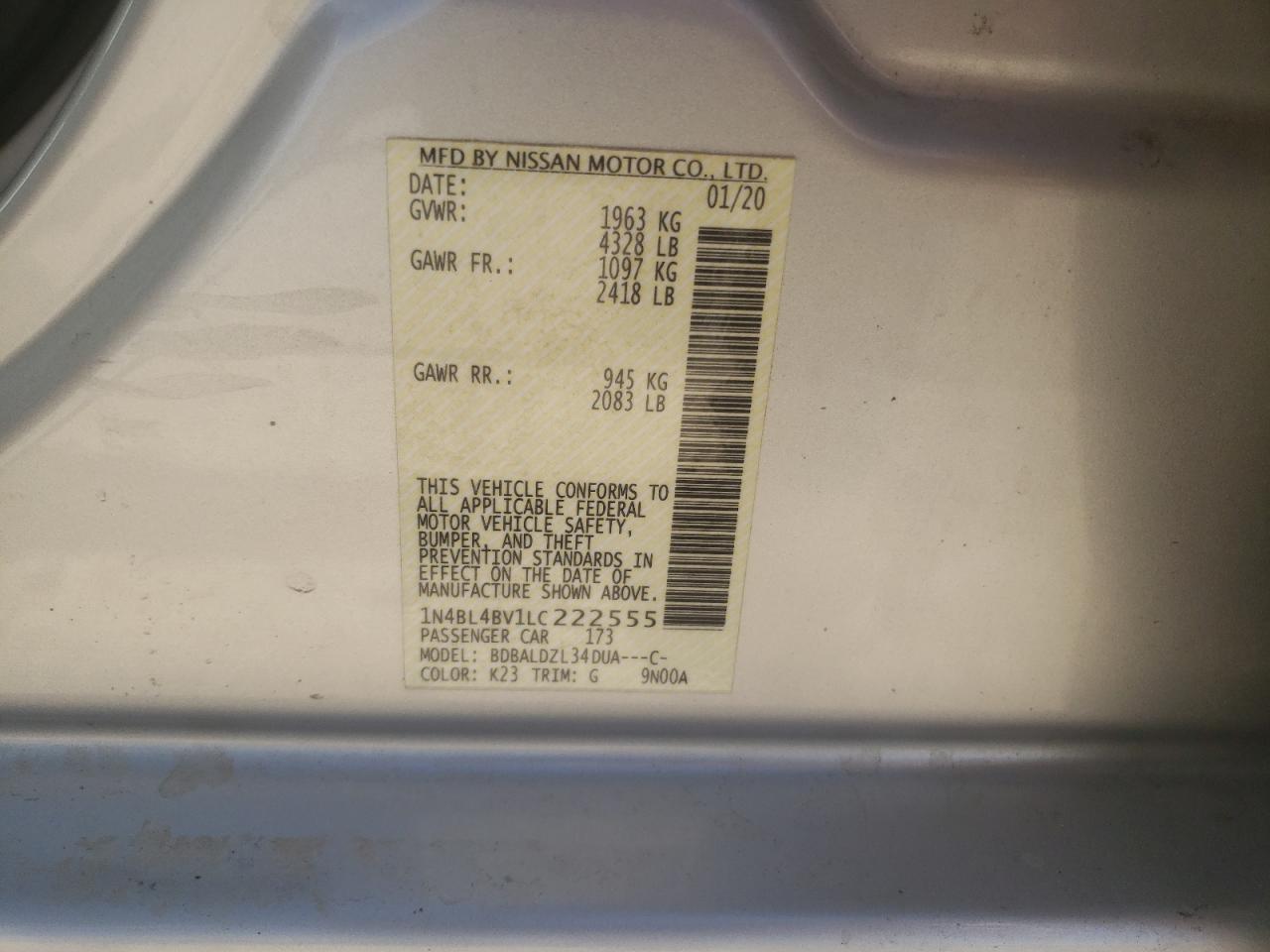 Photo 10 from auction – 2020 NISSAN ALTIMA S with VIN 1N4BL4BV1LC222555