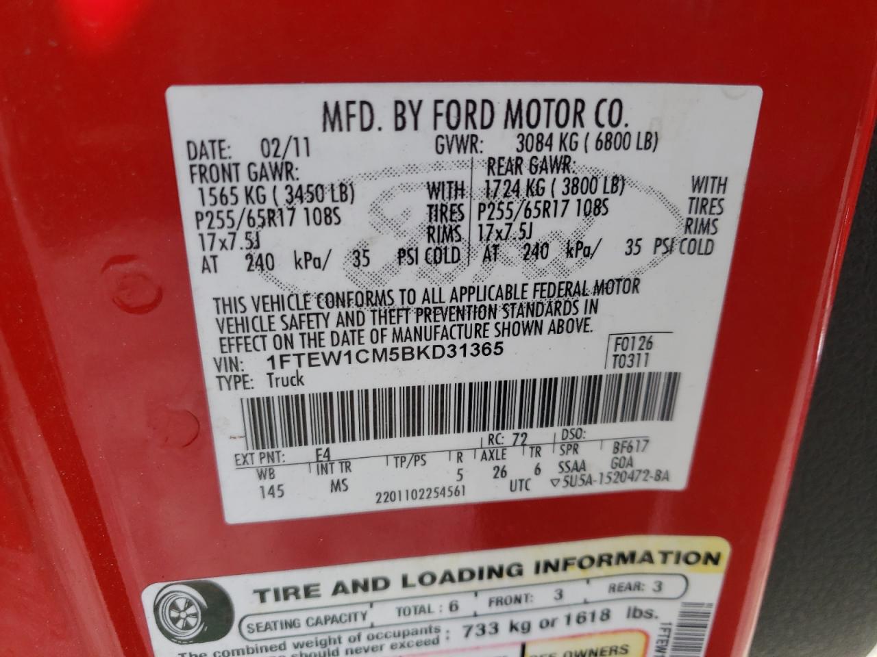 Photo 10 from auction – 2011 FORD F150 SUPER with VIN 1FTEW1CM5BKD31365